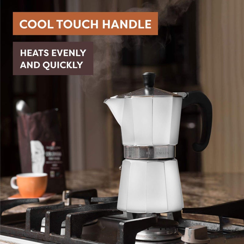 Bellemain Stovetop Espresso Maker | Italian Moka Pot Espresso Maker, Classic Aluminum Design Mocha Pot for Home Brewing & Camping | Easy to Use & Clean - 6-Cup, White - Image 4